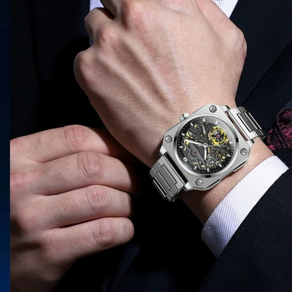 Precision You Can See – Automatic Skeleton Watch with Sleek Stainless Steel Finish